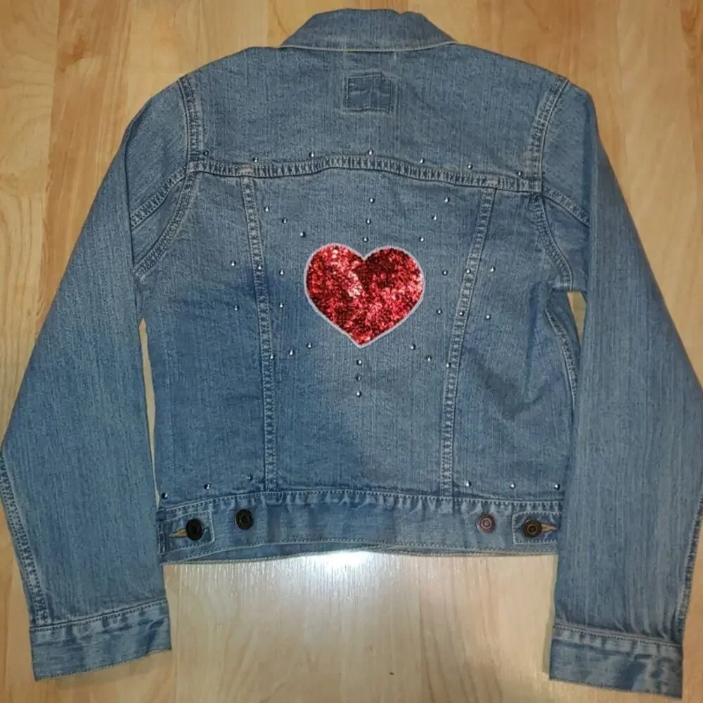 Vintage Levi Strauss Girl's LG Denim Sequin Red Heart Studded Jean Jacket